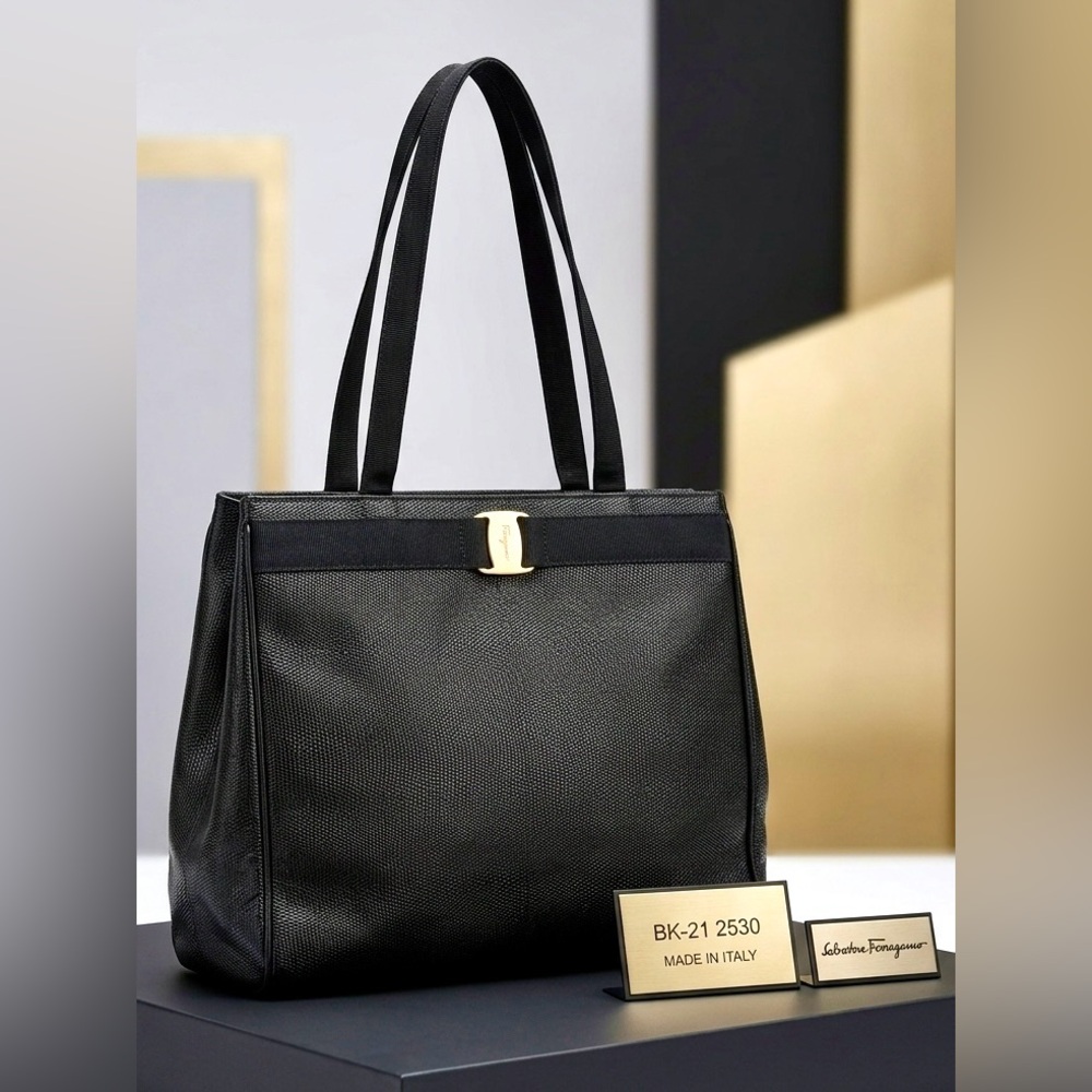 Ferragamo Black Lizard Embossed Large Vara Bow Satchel Tote